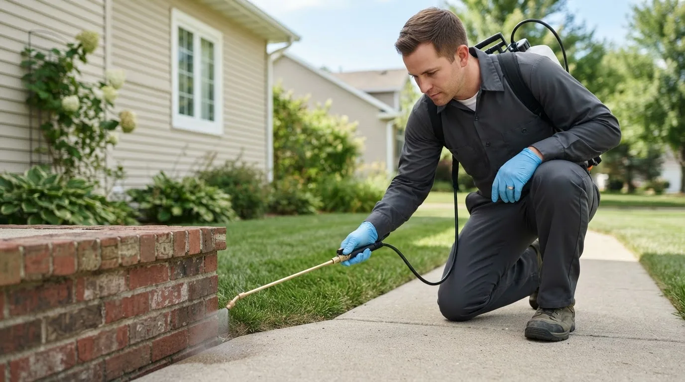 Pest control technician treating a home near Hospers, IA