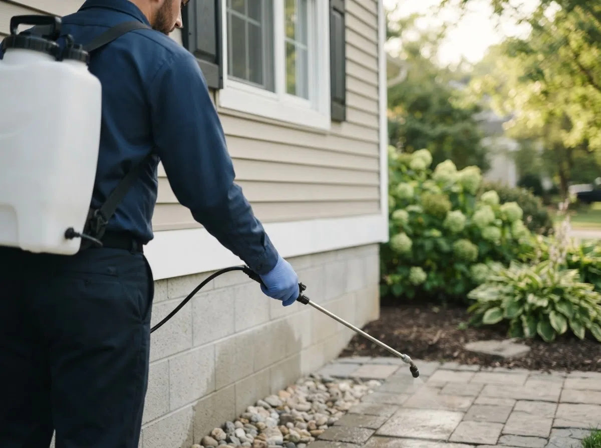 Pest control technician inspecting a home in Hospers, IA
